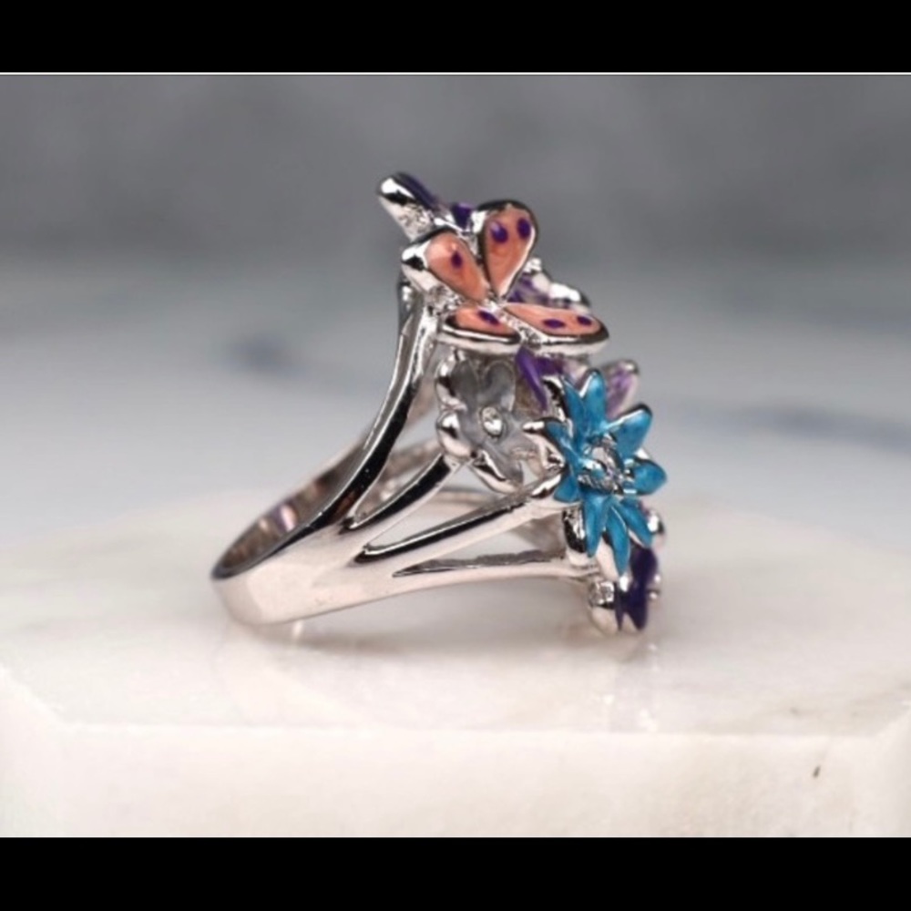 Purple zircon enamel flower lady bug butterfly ring size 7.5